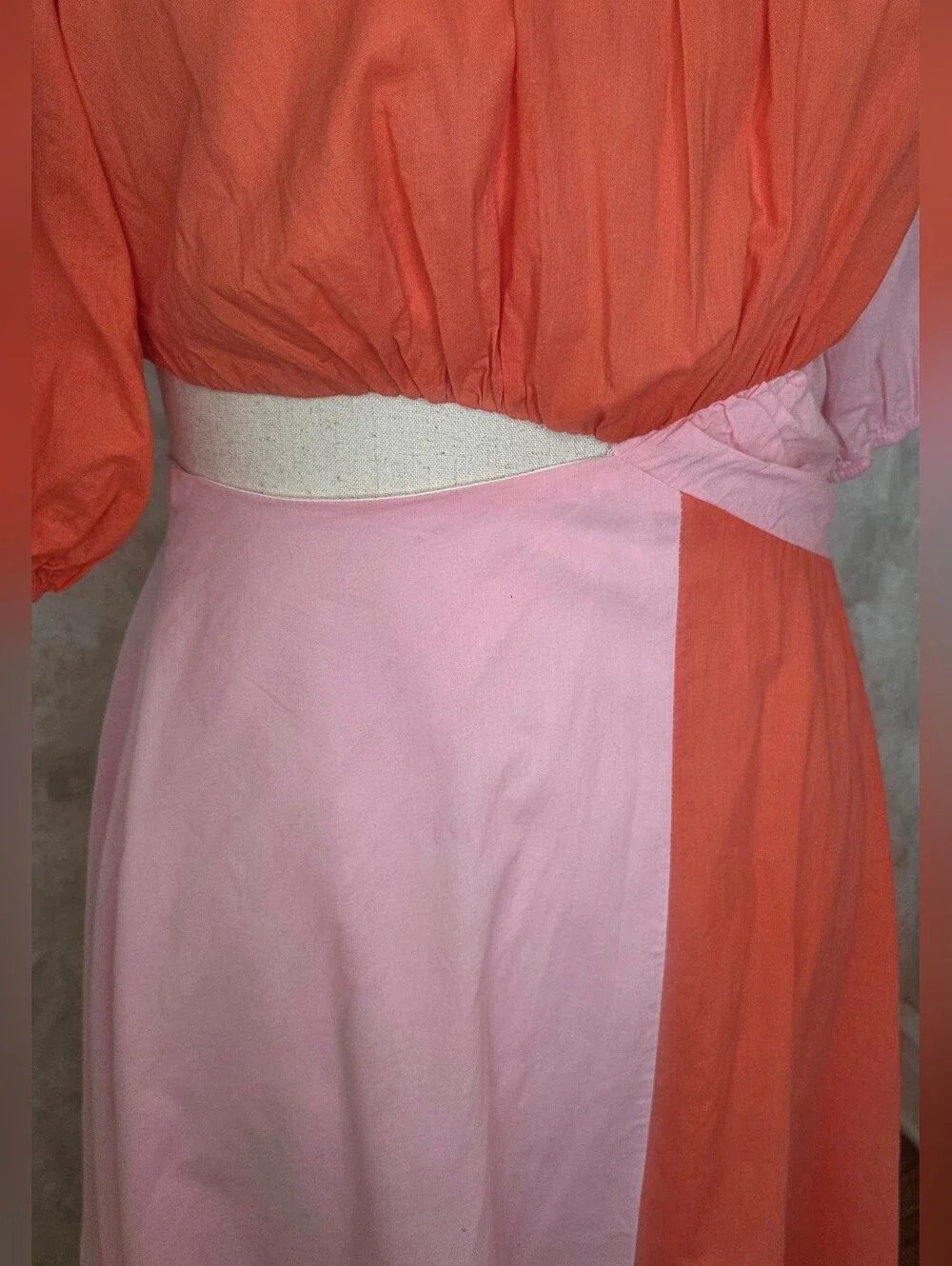 Colorblock Cutout Midi Dress Pink Coral Puff Sleeve Boutique LA Jolie NWOT - Picture 5 of 13